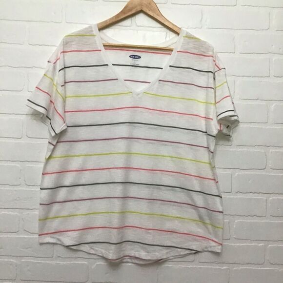 2/40$ OLD Navy 2 pieces t-shirt v-neck bundle Large pink striped white yellow - Picture 7 of 14